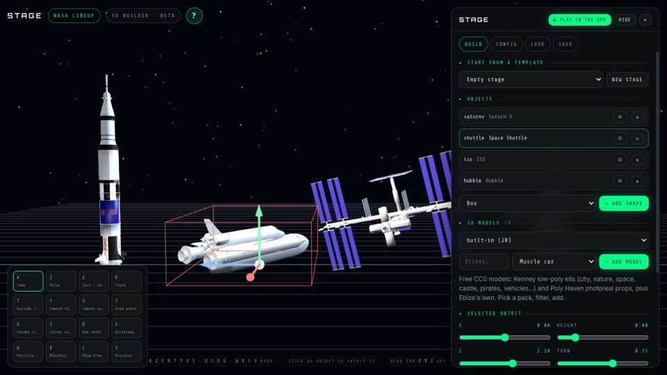 Stage editor: a spacecraft selected with its move arrows, next to the Build panel